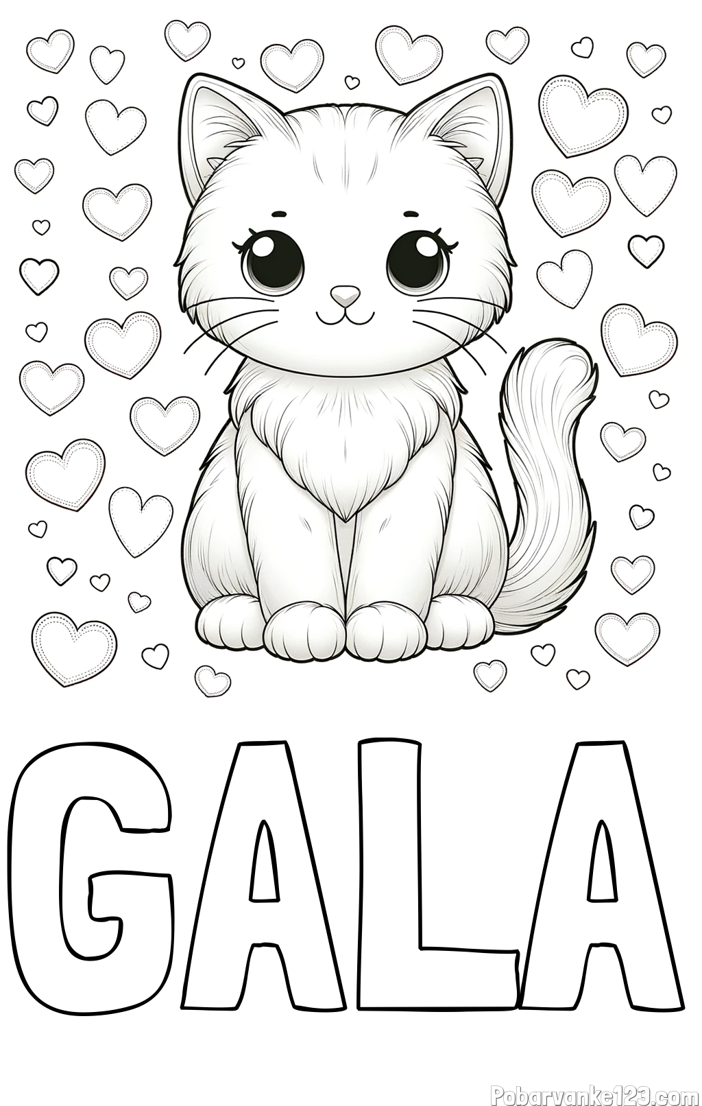 Pobarvanka imena GALA in pobarvanka ljubke mucke obdane s srčki