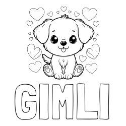 Online izdelana pobarvanka - Pobarvanka imena GIMLI in pobarvanka ljubkega kužka obdanega s srčki
