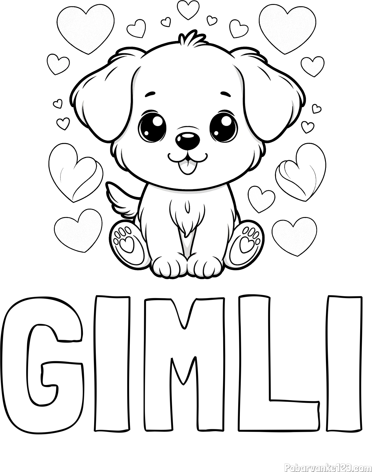 Pobarvanka imena GIMLI in pobarvanka ljubkega kužka obdanega s srčki