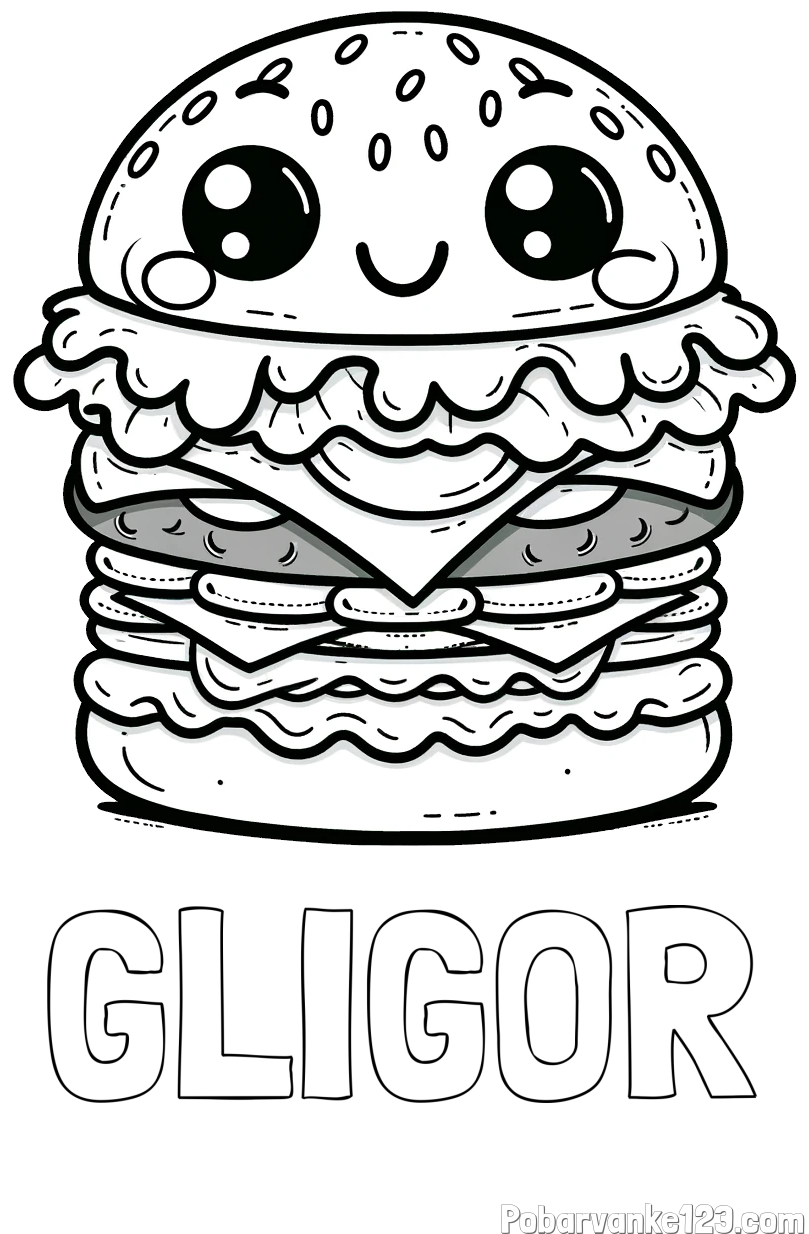 Pobarvanka imena GLIGOR in otroška pobarvanka nasmejanega hamburgerja