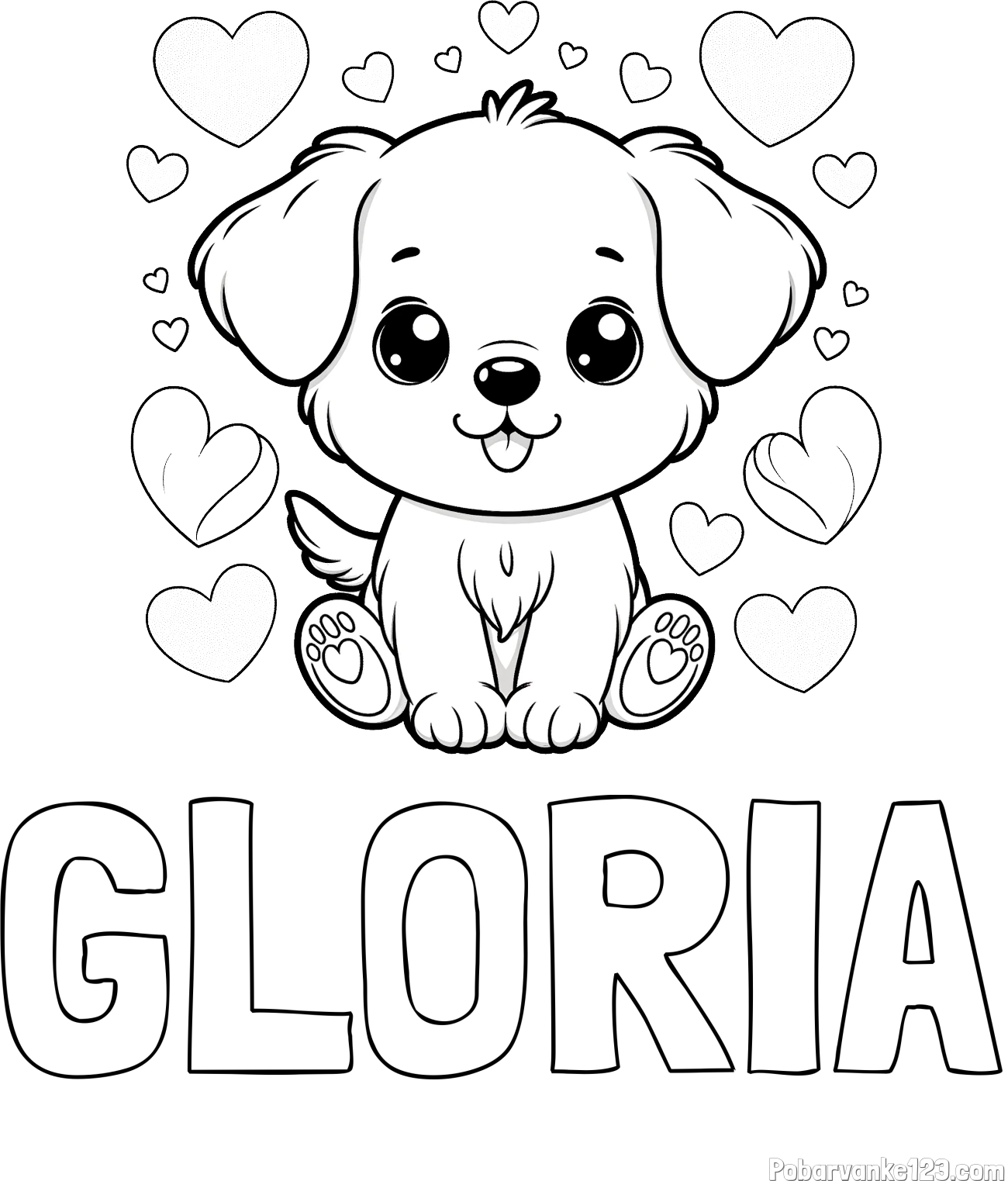 Pobarvanka imena GLORIA in pobarvanka ljubkega kužka obdanega s srčki
