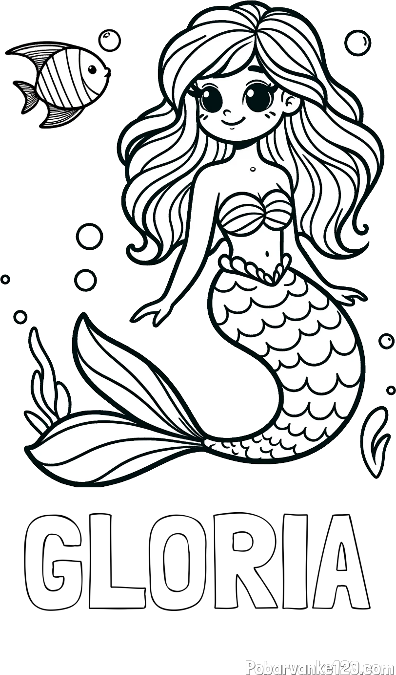 Pobarvanka imena GLORIA in pobarvanka male morske deklice in ribice