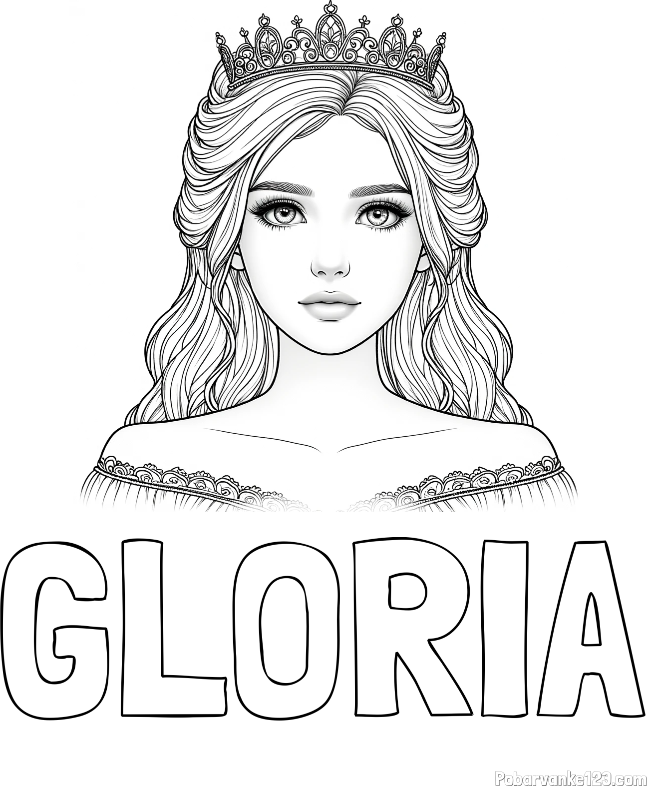 Pobarvanka imena GLORIA in pobarvanka prikupne princeske s čudovitimi očmi
