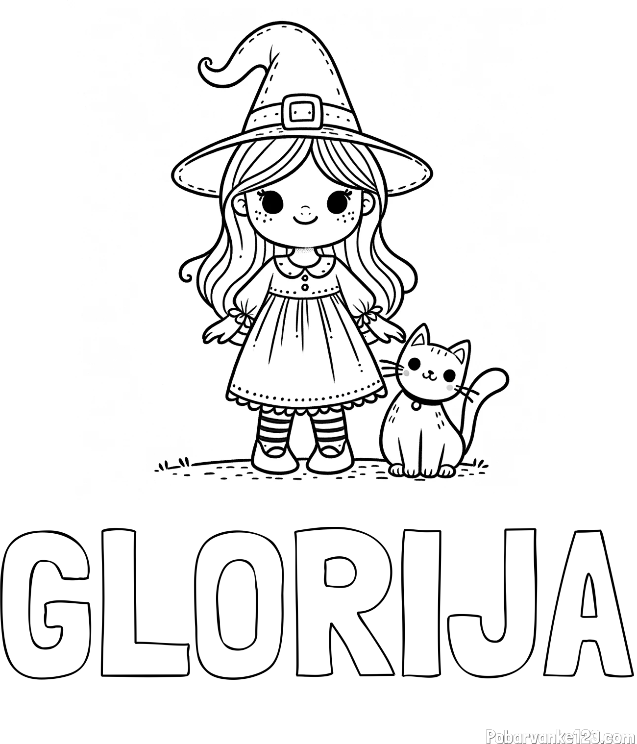 Pobarvanka imena GLORIJA in Čudovita pobarvanka ljubke čarovnice in nasmejane mačke