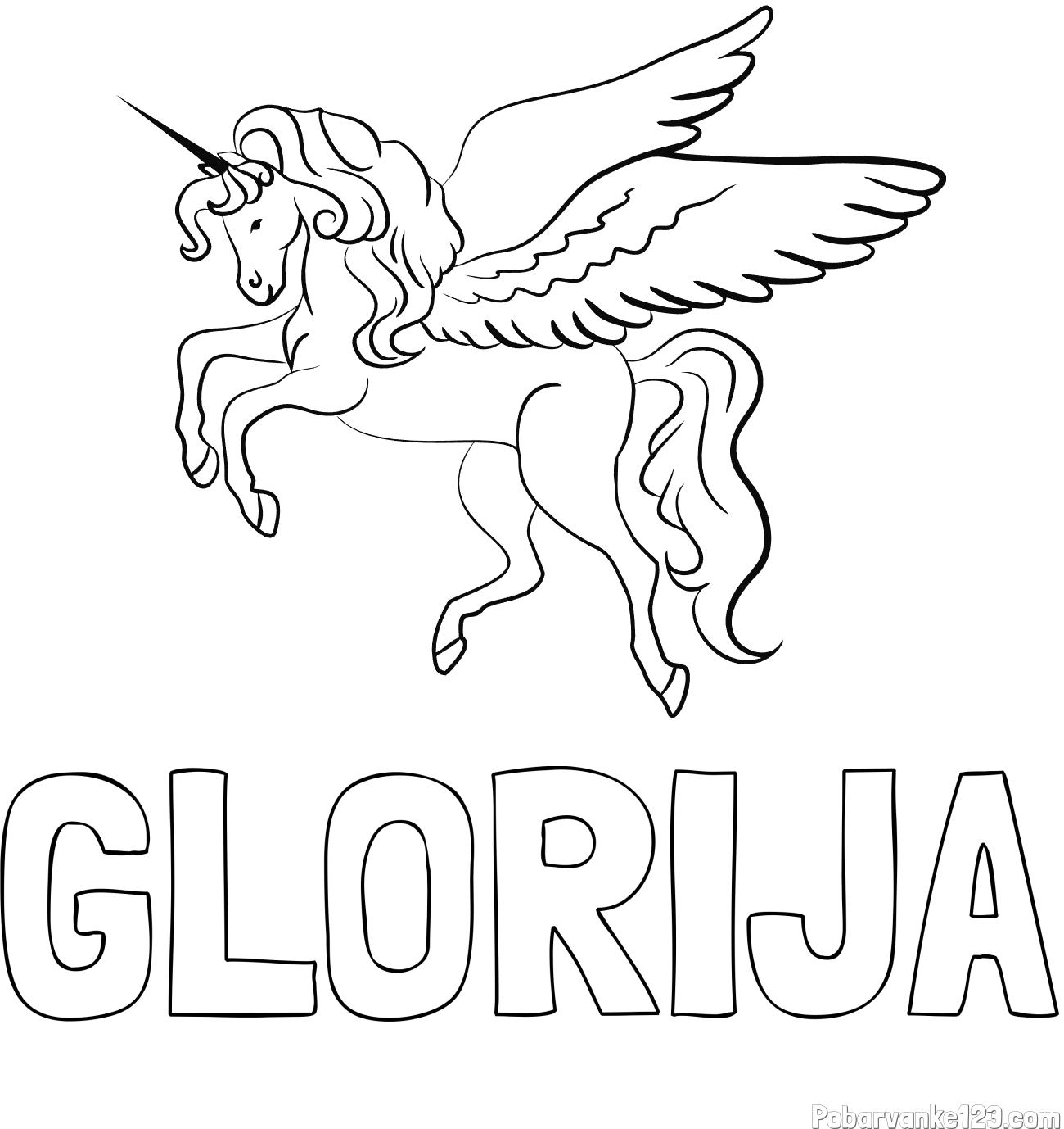 Pobarvanka imena GLORIJA in lepa pobarvanka samoroga