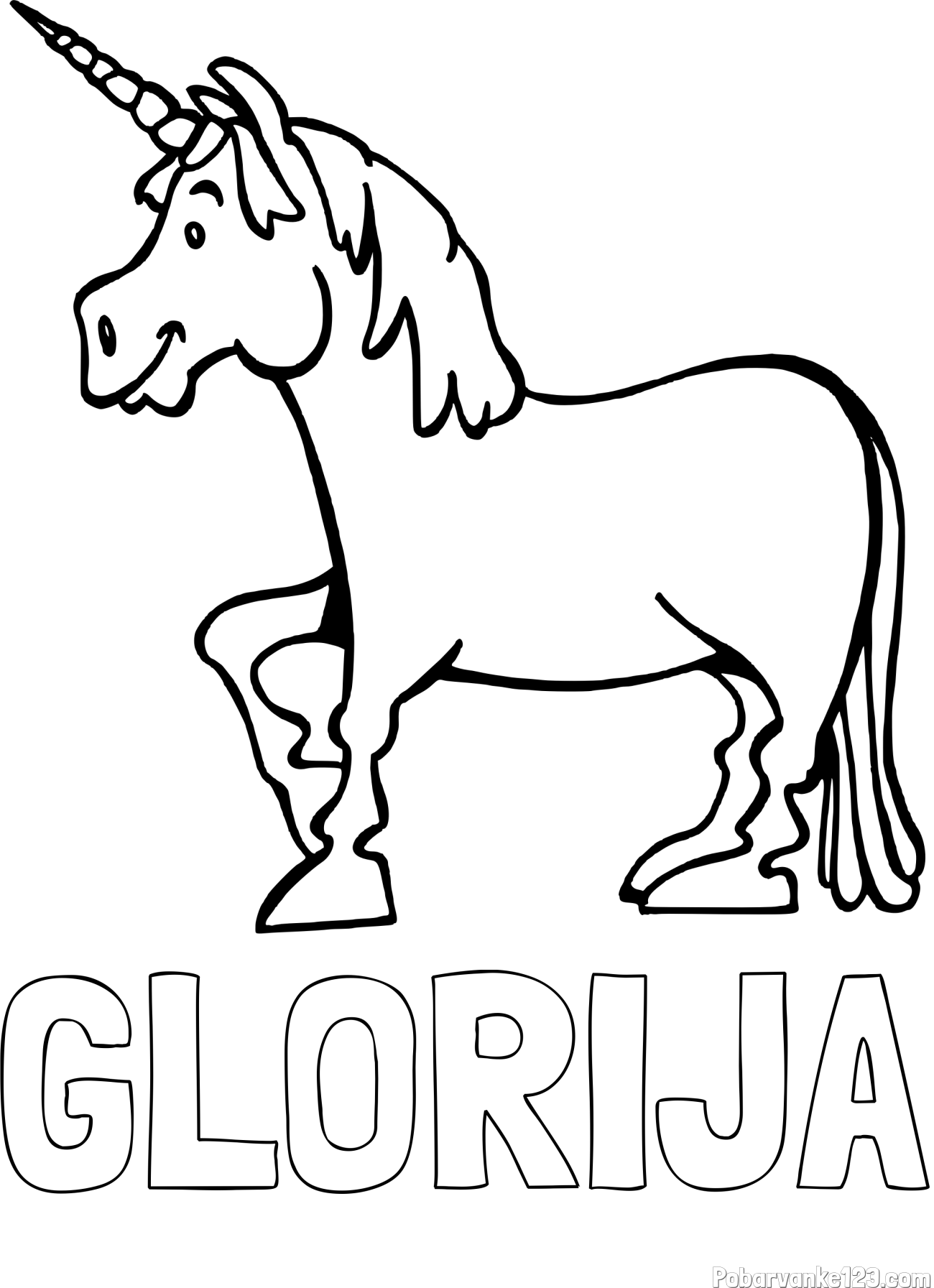 Pobarvanka imena GLORIJA in pobarvanka veselega samoroga