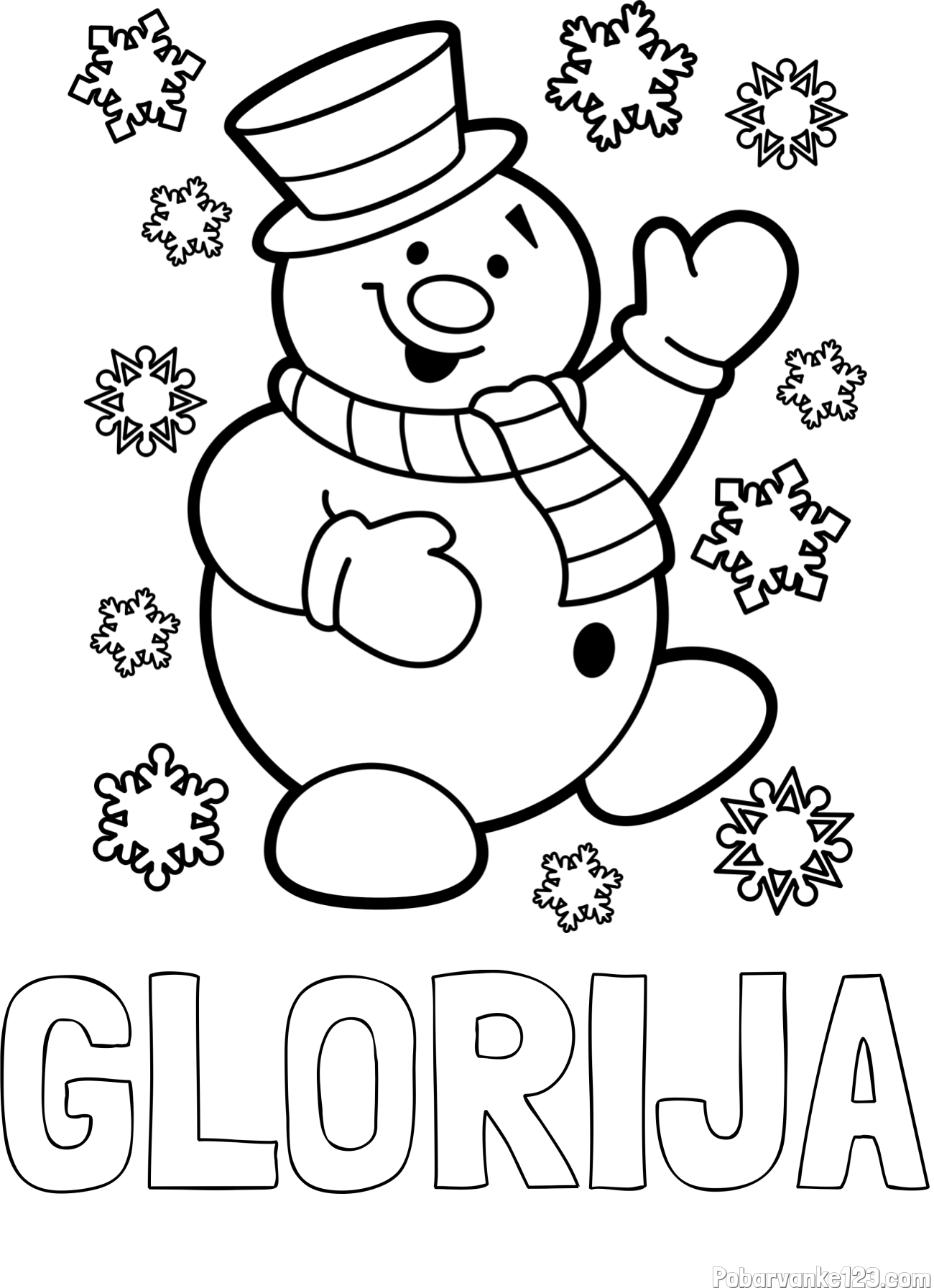 Pobarvanka imena GLORIJA in pobarvanka veselega snežaka