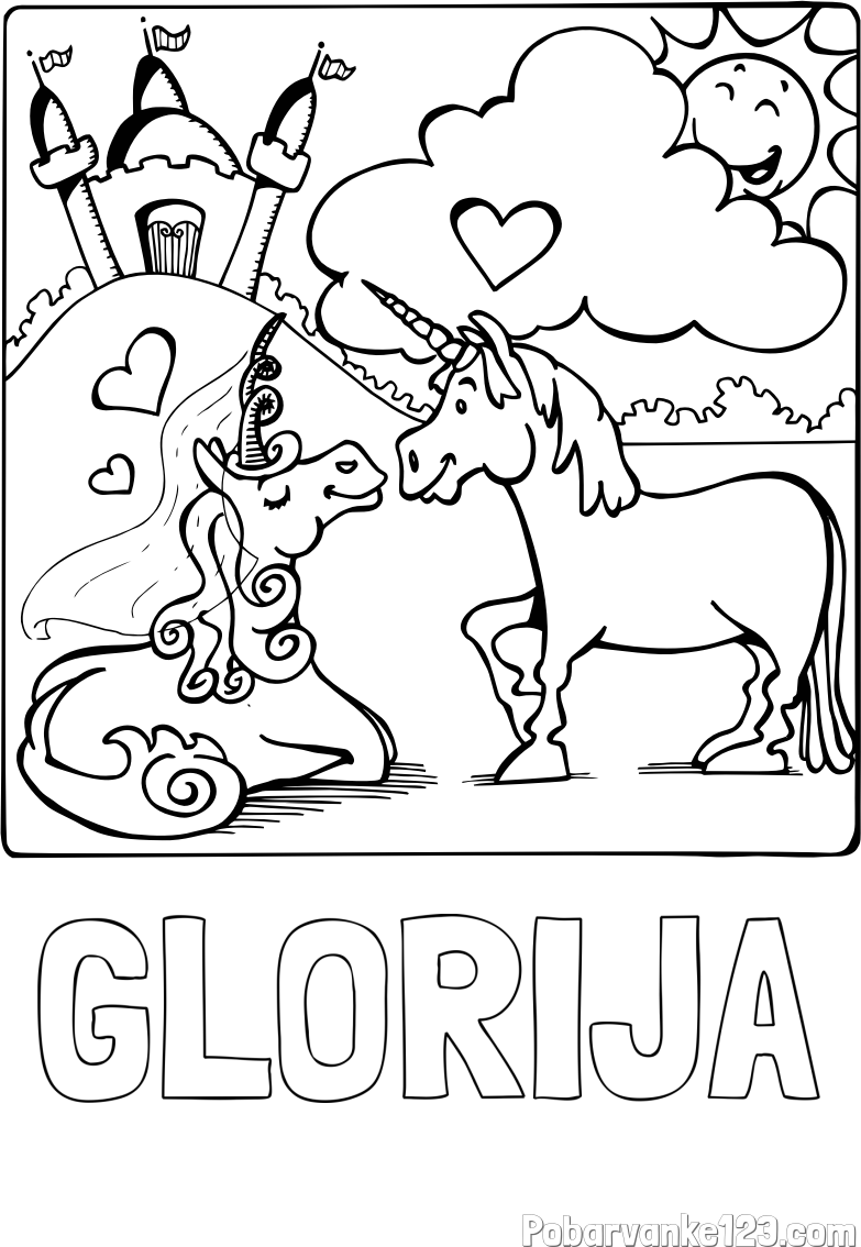 Pobarvanka imena GLORIJA in pobarvanka zaljubljenih samorogov