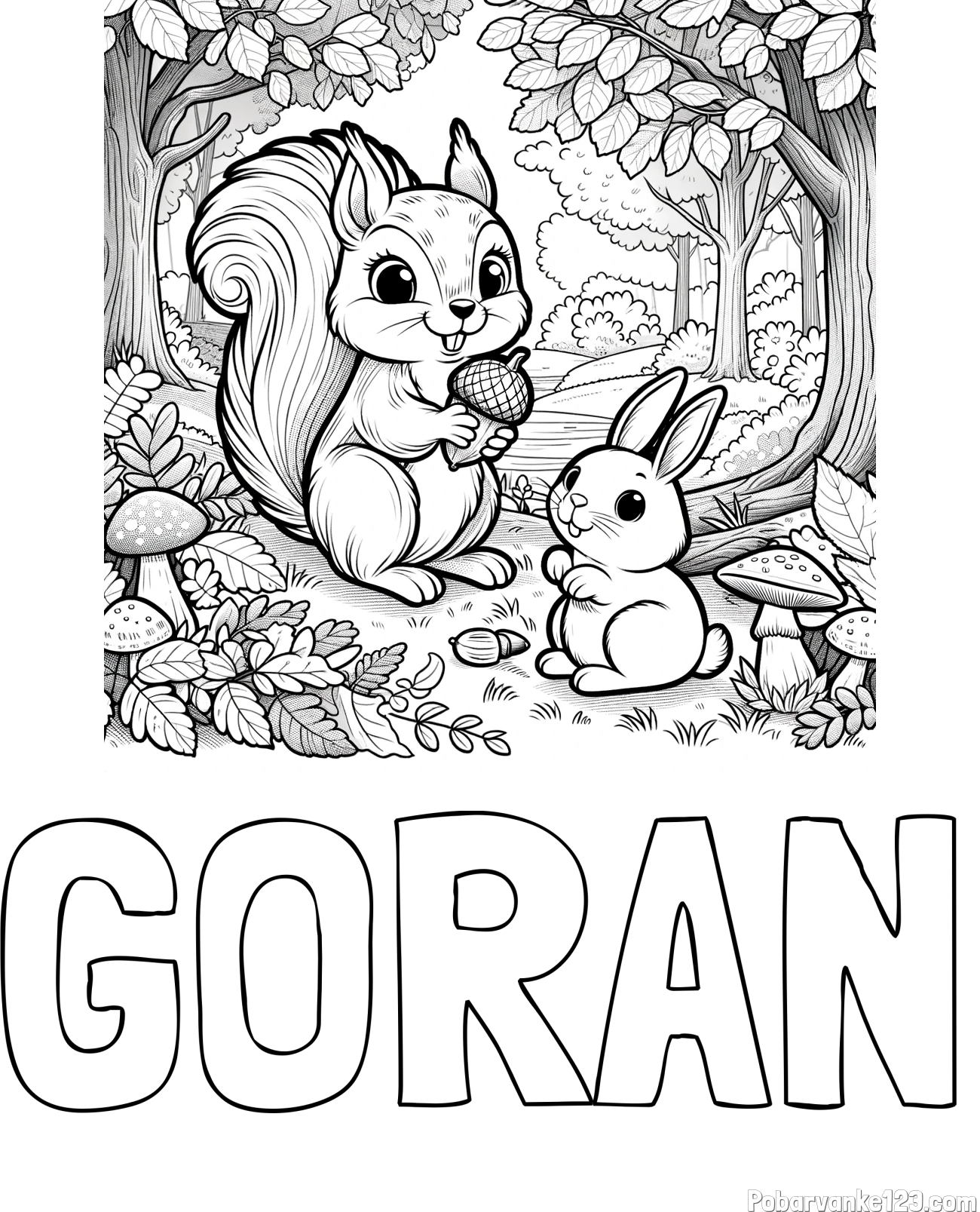 Pobarvanka imena GORAN in pobarvanka veveričke in zajčka v gozdu