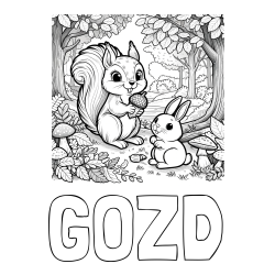 Online izdelana pobarvanka - Pobarvanka imena GOZD in pobarvanka veveričke in zajčka v gozdu