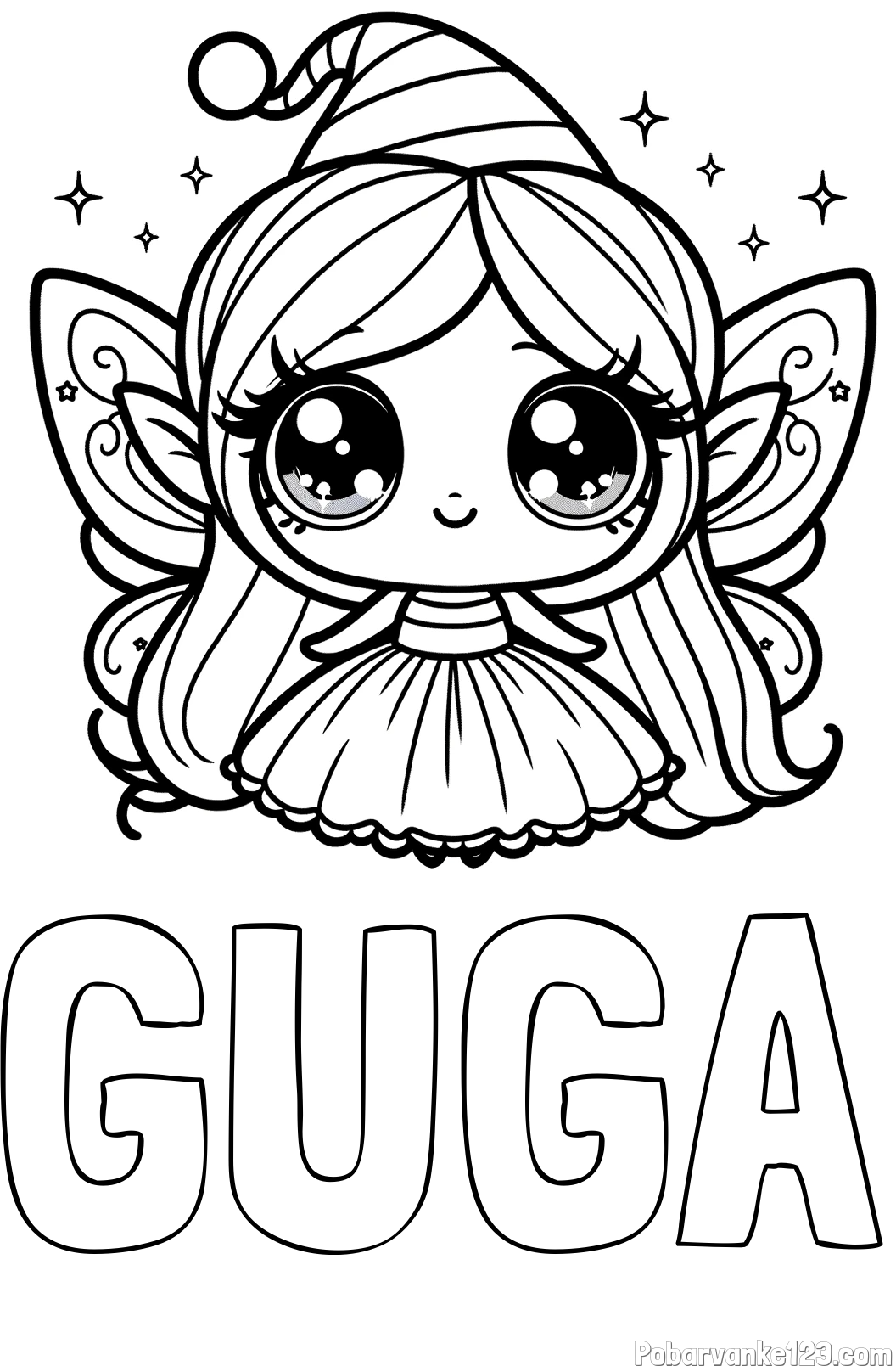 Pobarvanka imena GUGA in pobarvanka ljubke čarobne vile z velikimi očmi