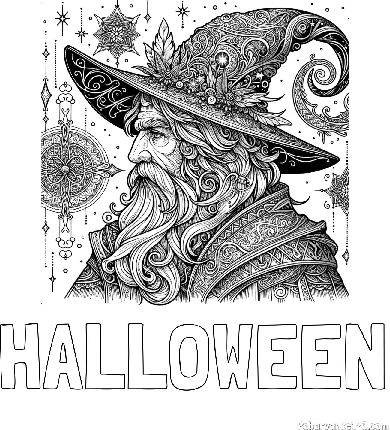 Pobarvanka imena HALLOWEEN in Čudovita pobarvanka čarovnika