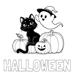 Pobarvanka imena HALLOWEEN in pobarvanka prijaznega duhca, črne mačke ter buč za noč čarovnic