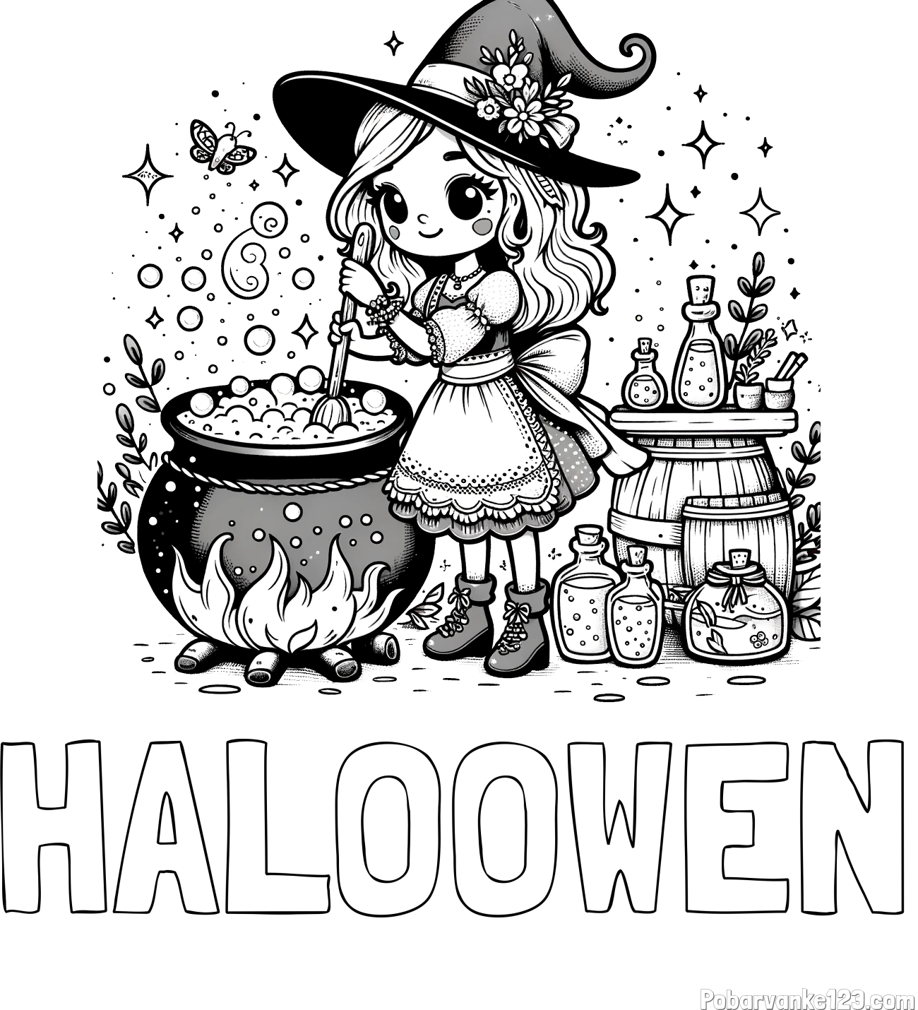 Pobarvanka imena HALOOWEN in pobarvanka prikupna čarovnica, ki pripravlja čarobni napoj