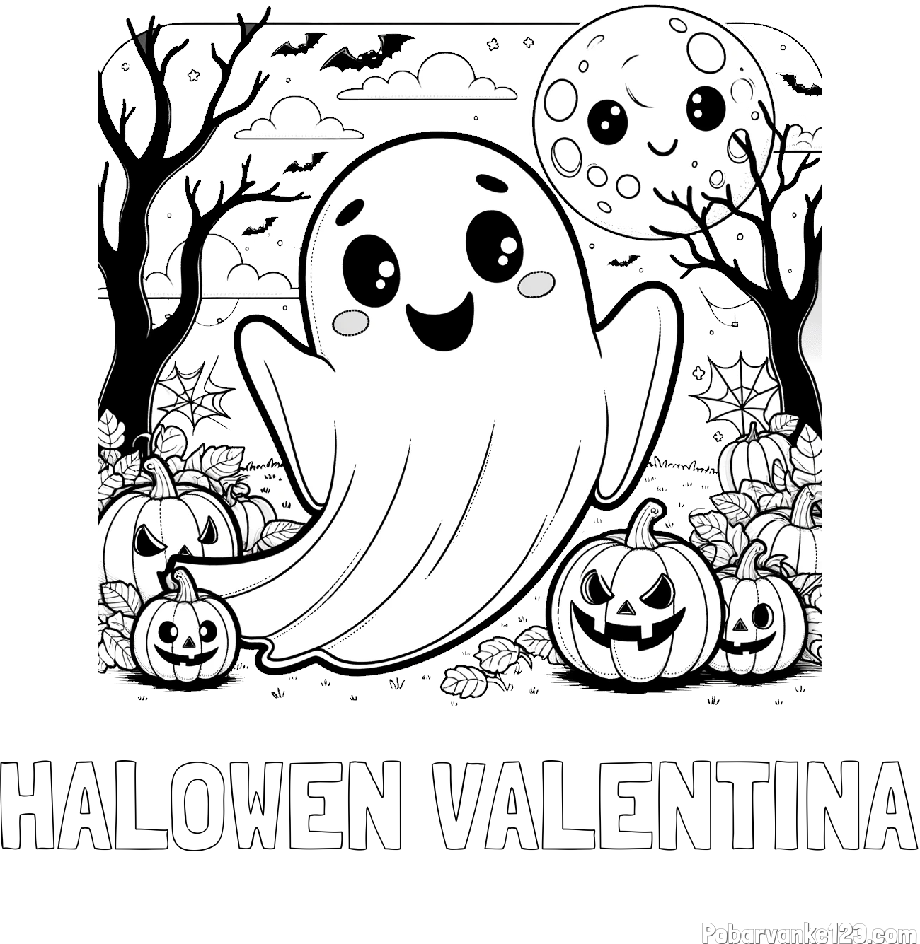 Pobarvanka imena HALOWEN VALENTINA in pobarvanka ljubkega duhca in buč za noč čarovnic