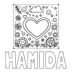 Online izdelana pobarvanka - Pobarvanka imena HAMIDA in pobarvanka srčka ter rožic