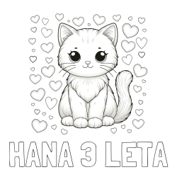 Online izdelana pobarvanka - Pobarvanka imena HANA 3 LETA in pobarvanka ljubke mucke obdane s srčki