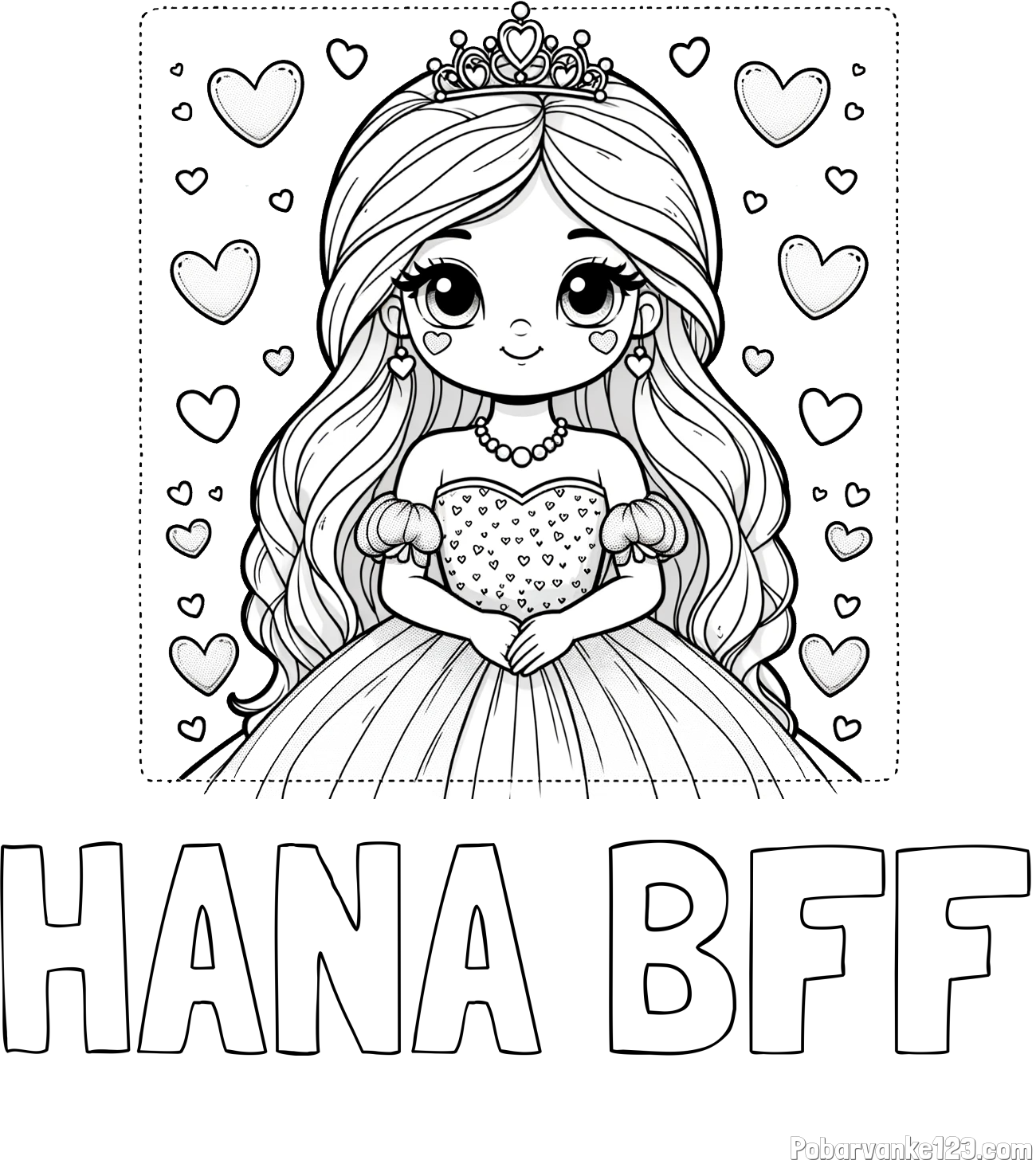 Pobarvanka imena HANA BFF in pobarvanka ljubke princese obdane s srčki