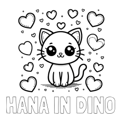 Online izdelana pobarvanka - Pobarvanka imena HANA IN DINO in pobarvanka ljubke mucke obdane z veliko srčki