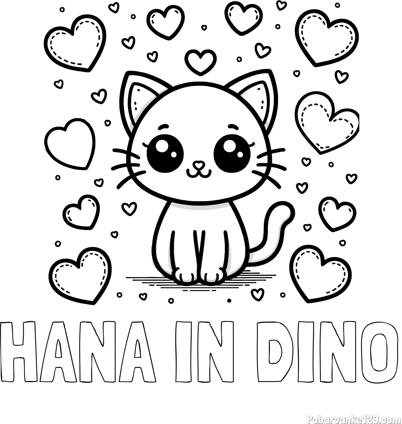 Pobarvanka imena HANA IN DINO in pobarvanka ljubke mucke obdane z veliko srčki