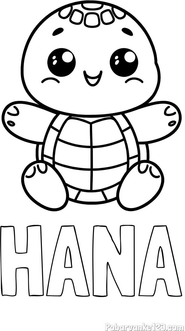 Pobarvanka imena HANA in otroška pobarvanka ljubke in nasmejane želvice