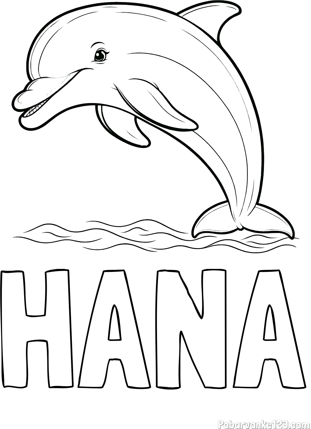 Pobarvanka imena HANA in otroška pobarvanka nasmejanega delfina v skoku
