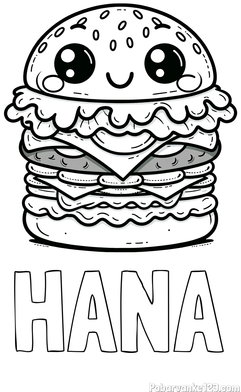 Pobarvanka imena HANA in otroška pobarvanka nasmejanega hamburgerja