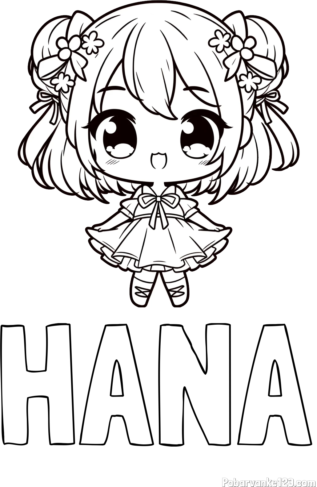 Pobarvanka imena HANA in otroška pobarvanka punčke v japonskem anime slogu