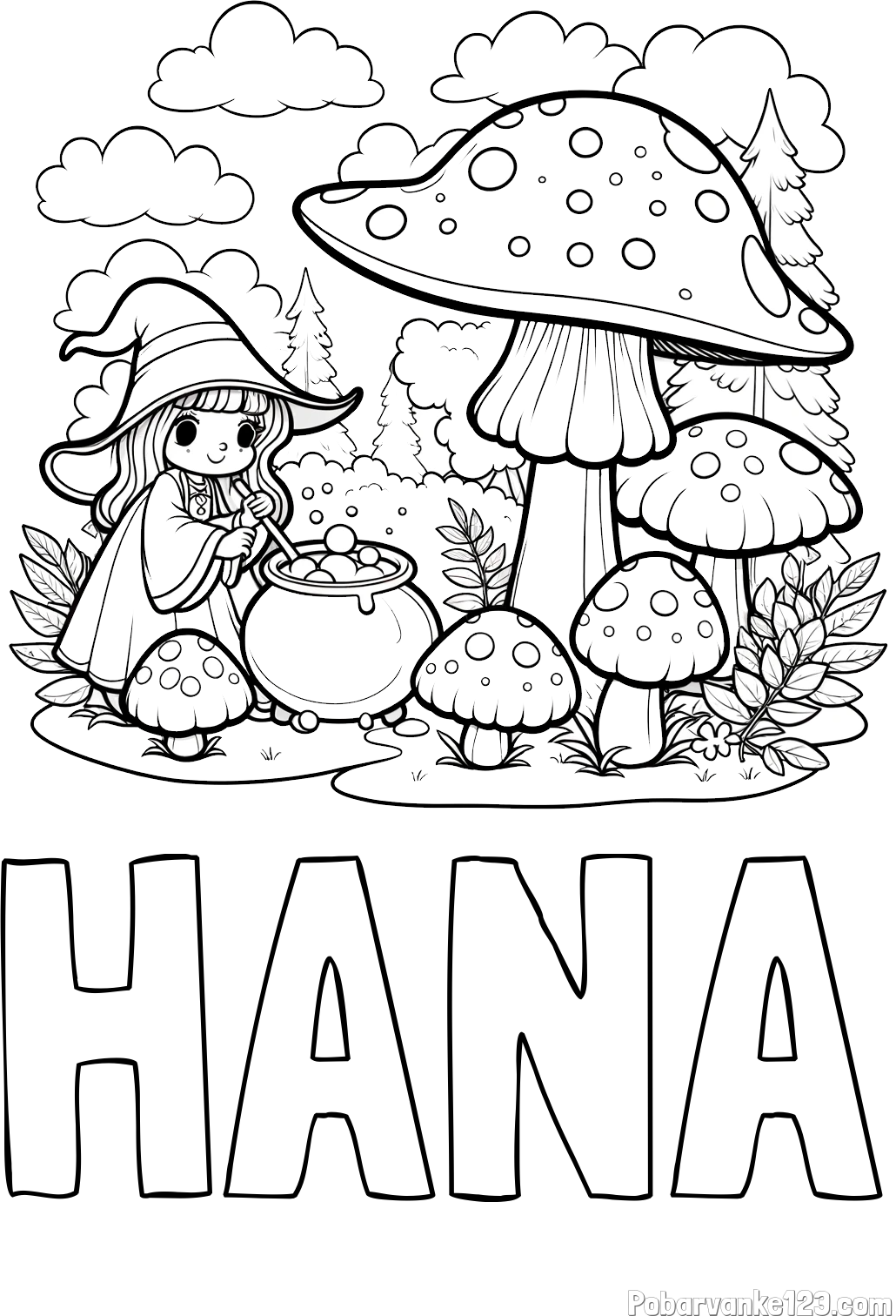 Pobarvanka imena HANA in pobarvanka čarovnice med gobami