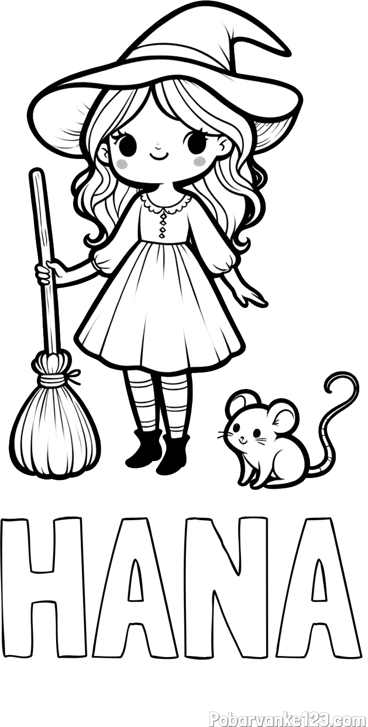 Pobarvanka imena HANA in pobarvanka čarovnice z metlo in miško