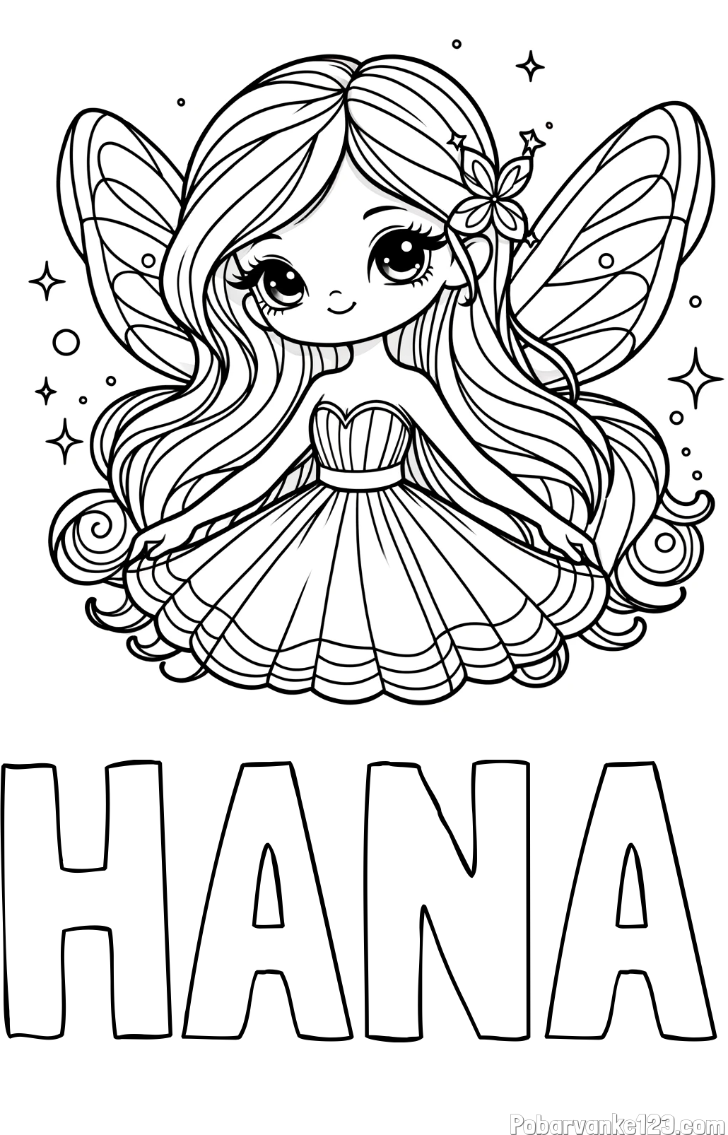 Pobarvanka imena HANA in pobarvanka ljubke in nasmejane čarobne vile