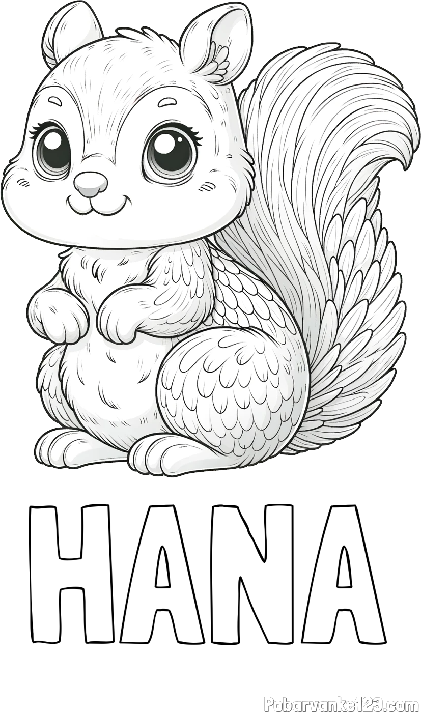 Pobarvanka imena HANA in pobarvanka ljubke in nasmejane veverice