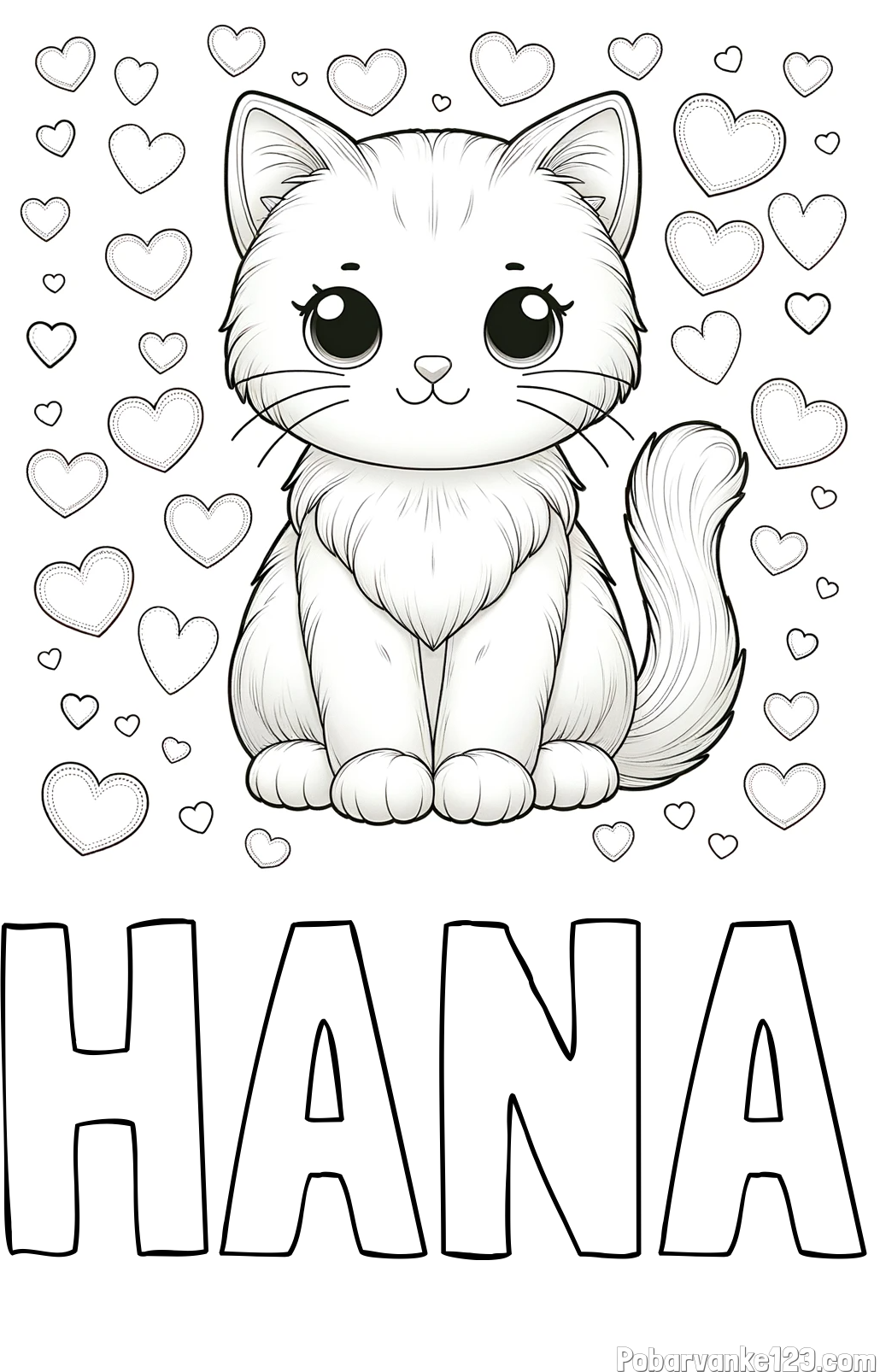 Pobarvanka imena HANA in pobarvanka ljubke mucke obdane s srčki