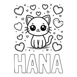 Pobarvanka imena HANA in pobarvanka ljubke mucke obdane z veliko srčki