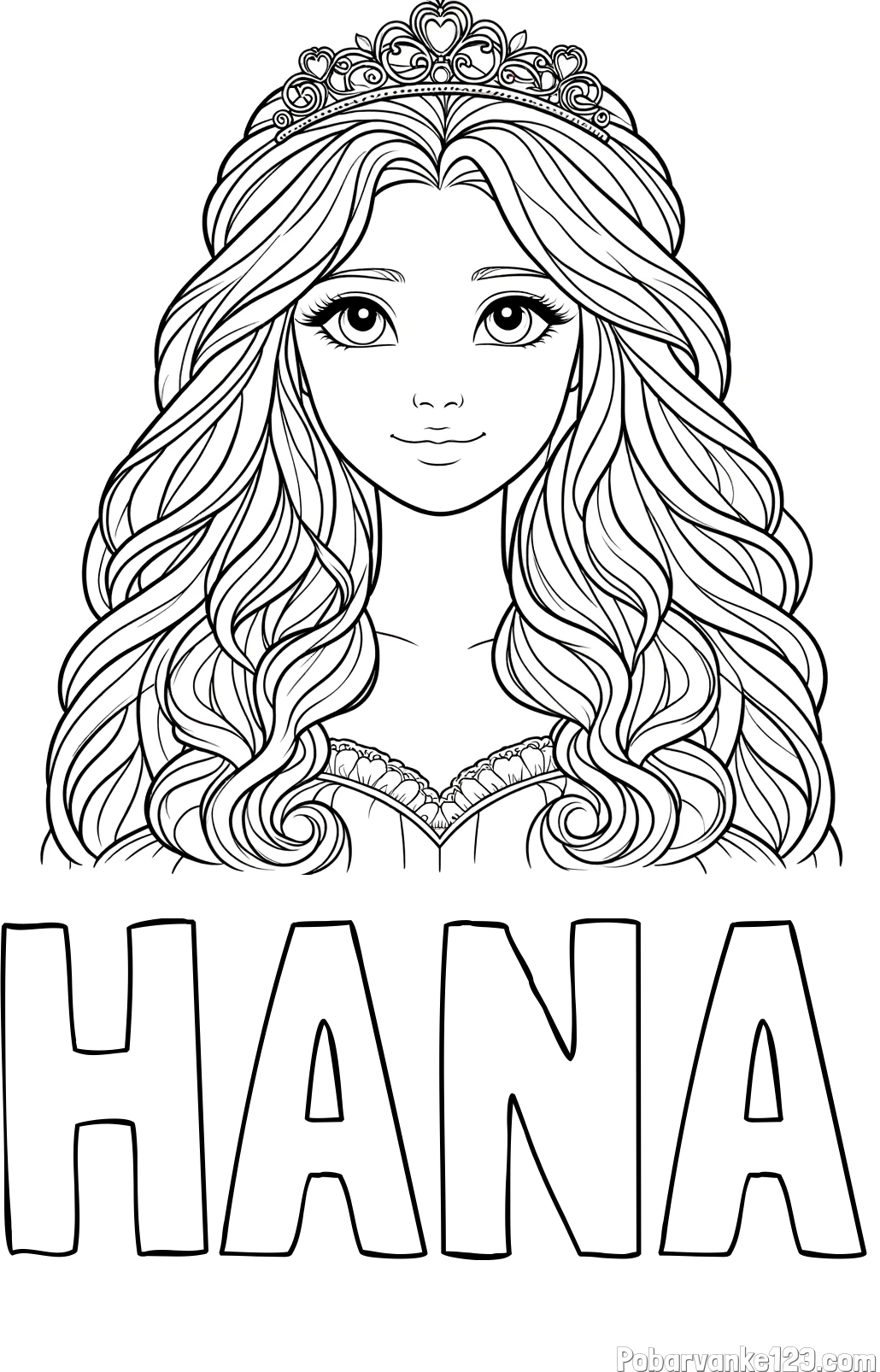 Pobarvanka imena HANA in pobarvanka ljubke princese z bujnimi lasmi