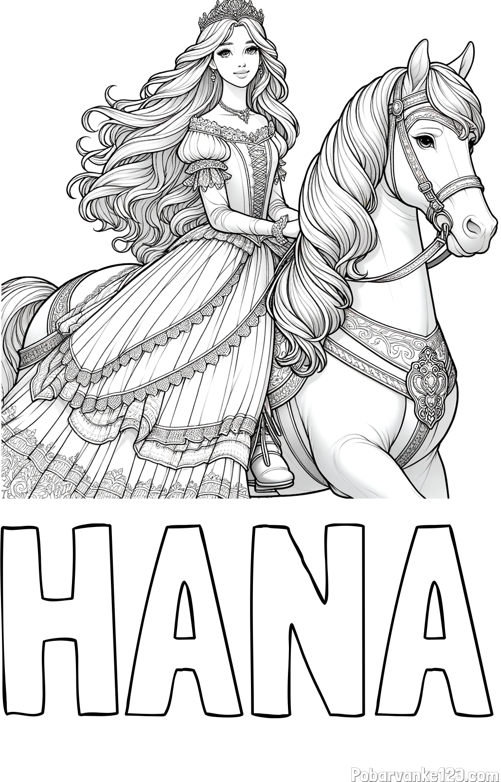 Pobarvanka imena HANA in pobarvanka nasmejana princese na konju