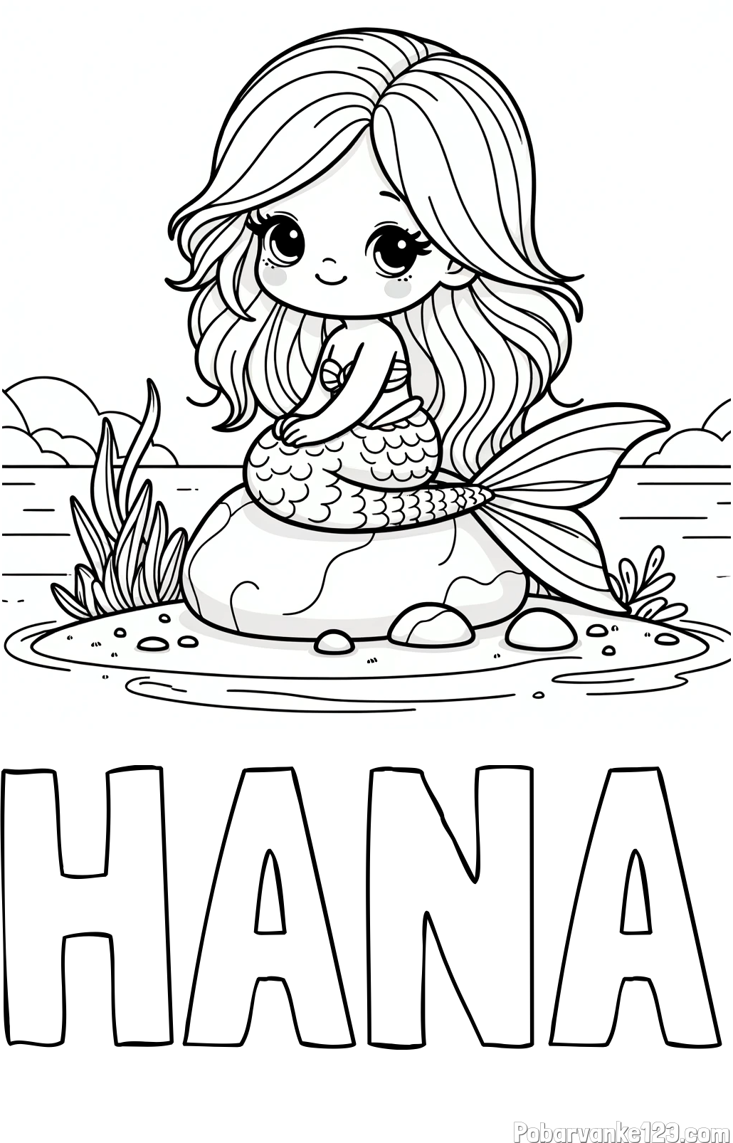 Pobarvanka imena HANA in pobarvanka prikupne morske deklice, ki sedi na kamnu ob obali