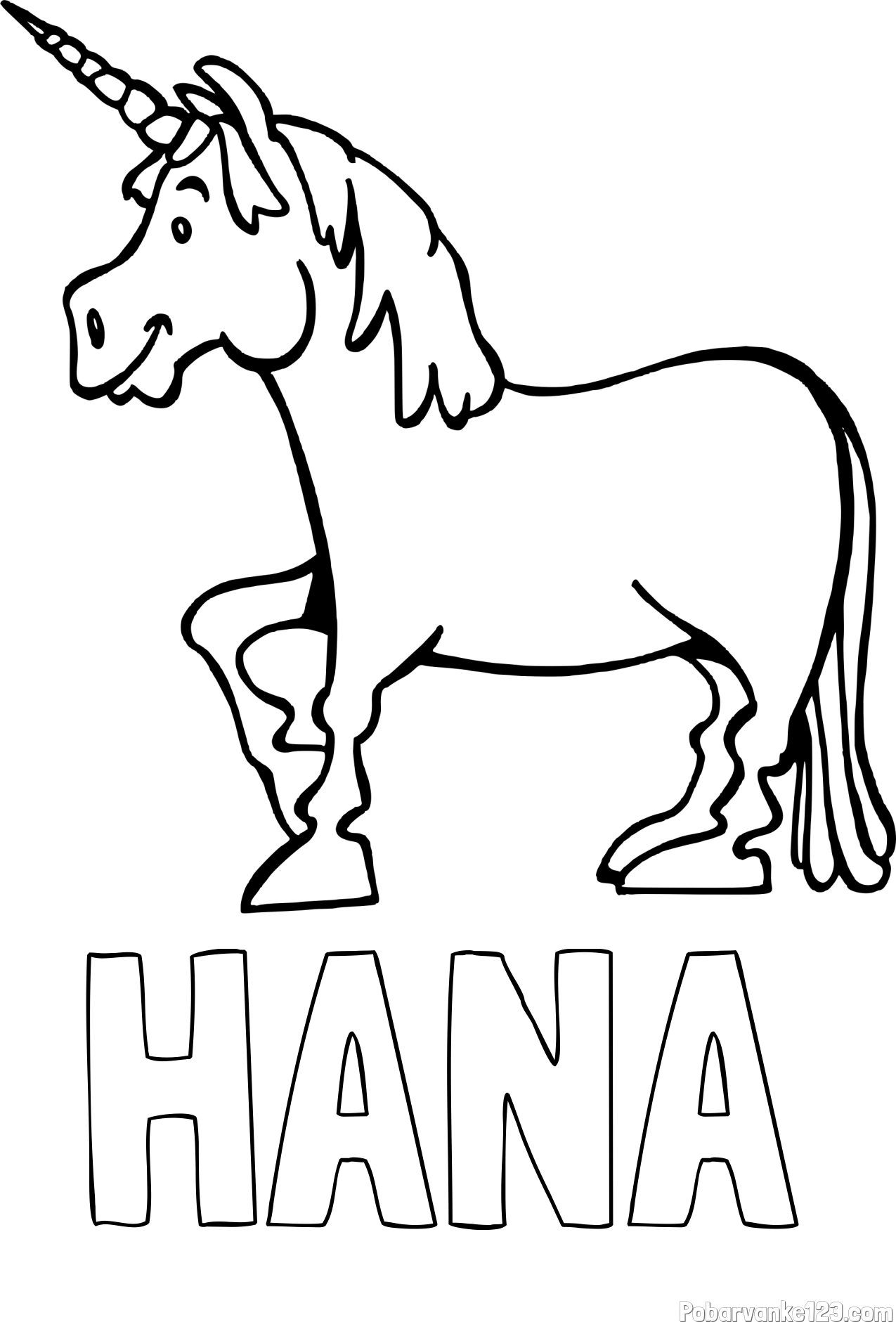 Pobarvanka imena HANA in pobarvanka veselega samoroga