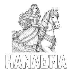 Online izdelana pobarvanka - Pobarvanka imena HANAEMA in pobarvanka nasmejana princese na konju