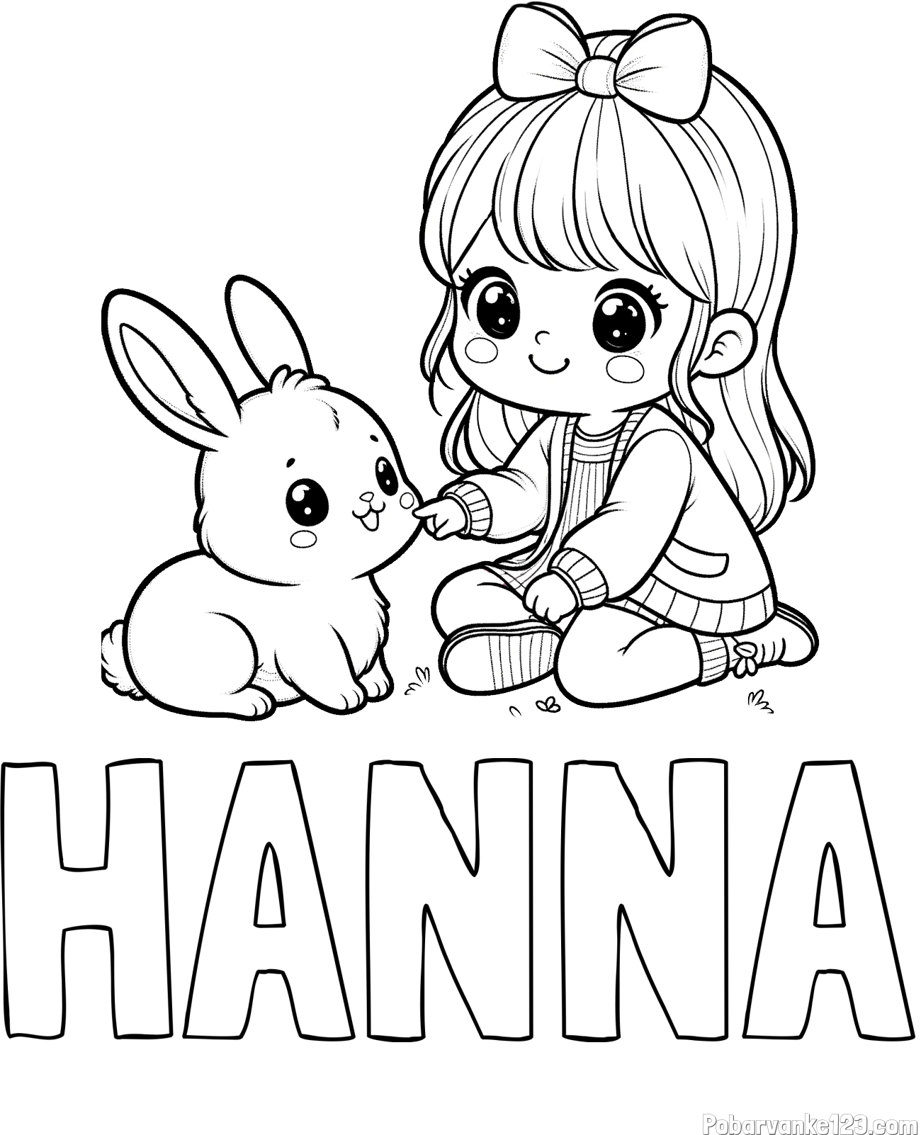 Pobarvanka imena HANNA in pobarvanka ljubke punčke, ki se igra z zajčkom