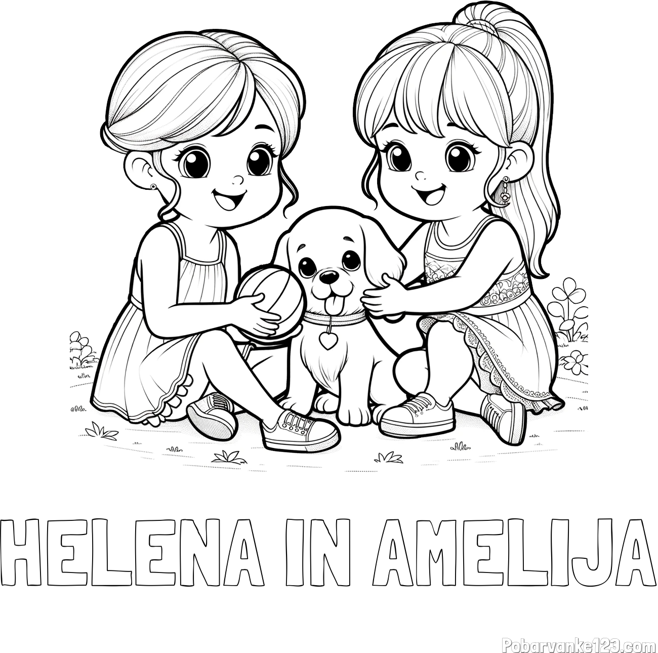 Pobarvanka imena HELENA IN AMELIJA in pobarvanka prijateljic s kužkom