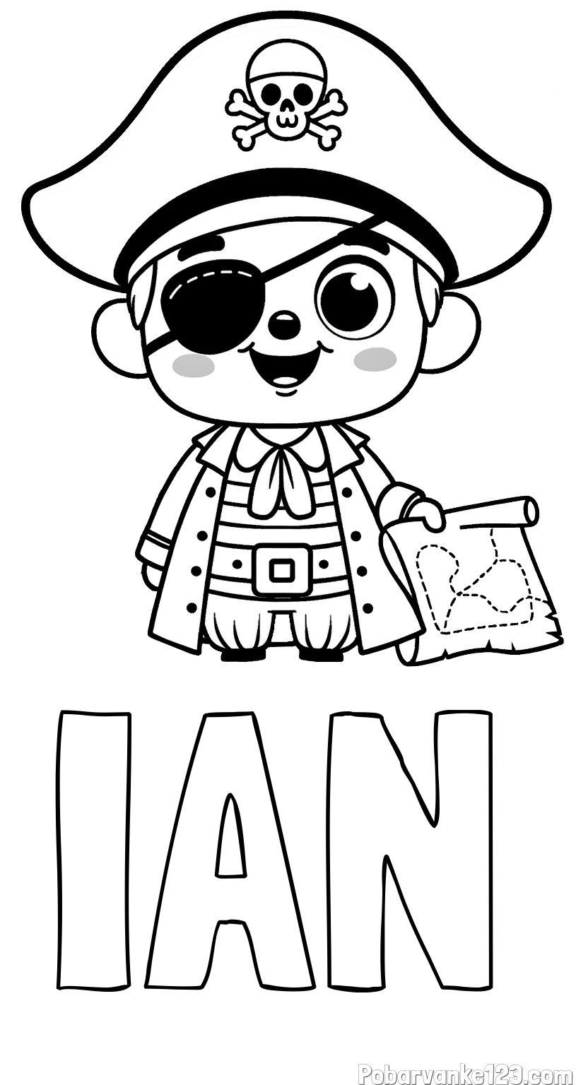 Pobarvanka imena IAN in otroška pobarvanka ljubkega gusarja z zemljevidom