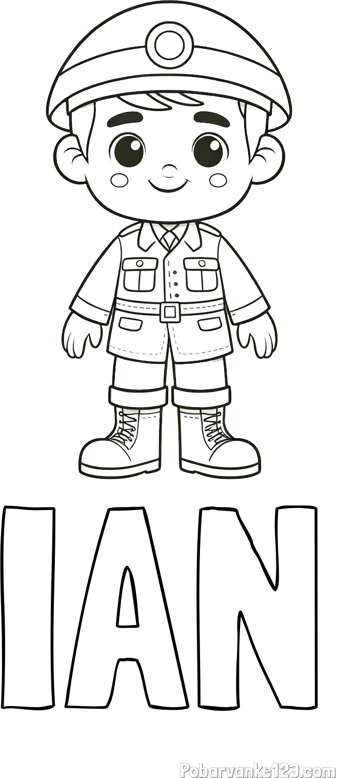 Pobarvanka imena IAN in otroška pobarvanka nasmejanega vojaka