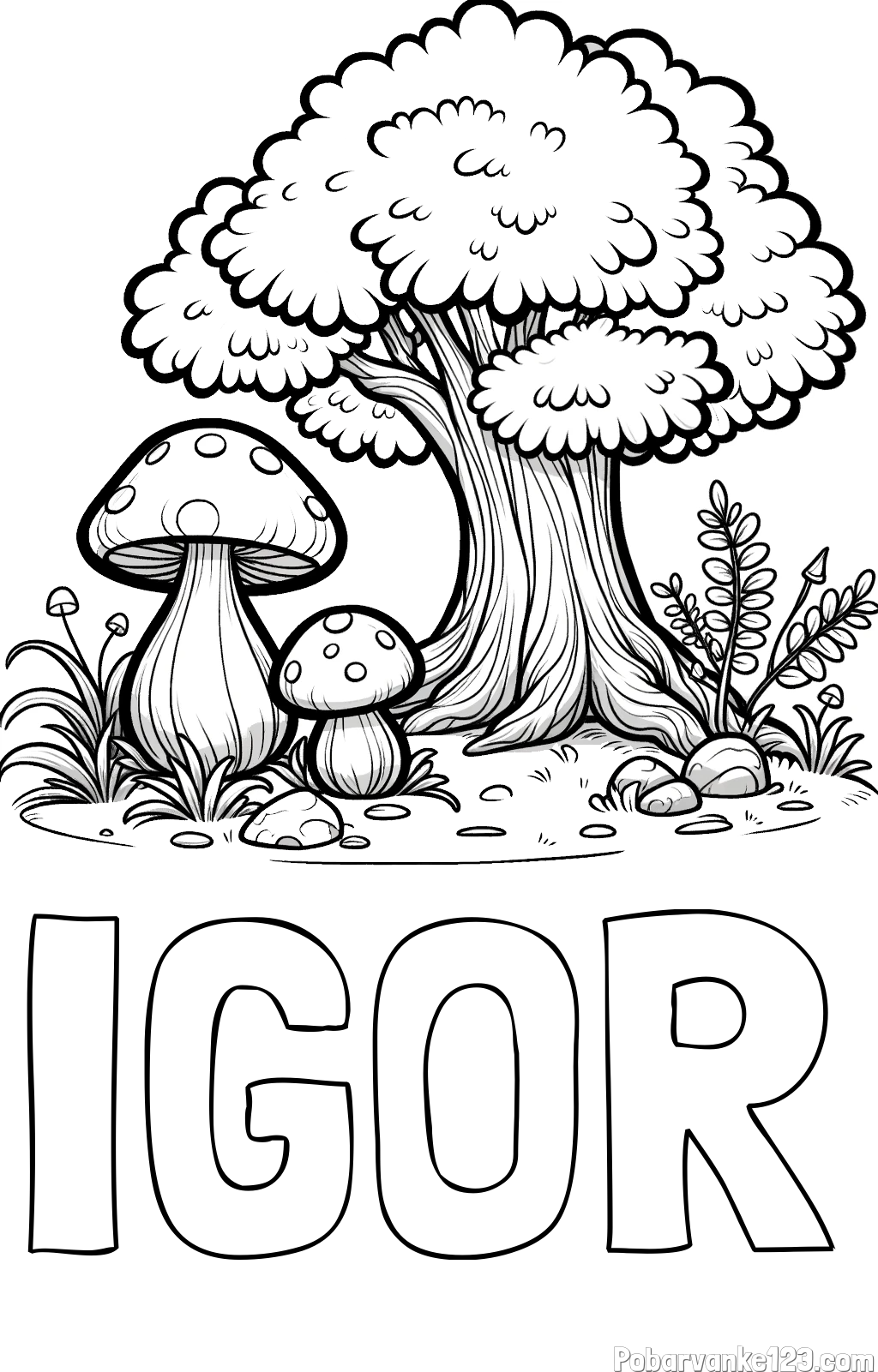 Pobarvanka imena IGOR in pobarvanka velike gobe ob drevesu