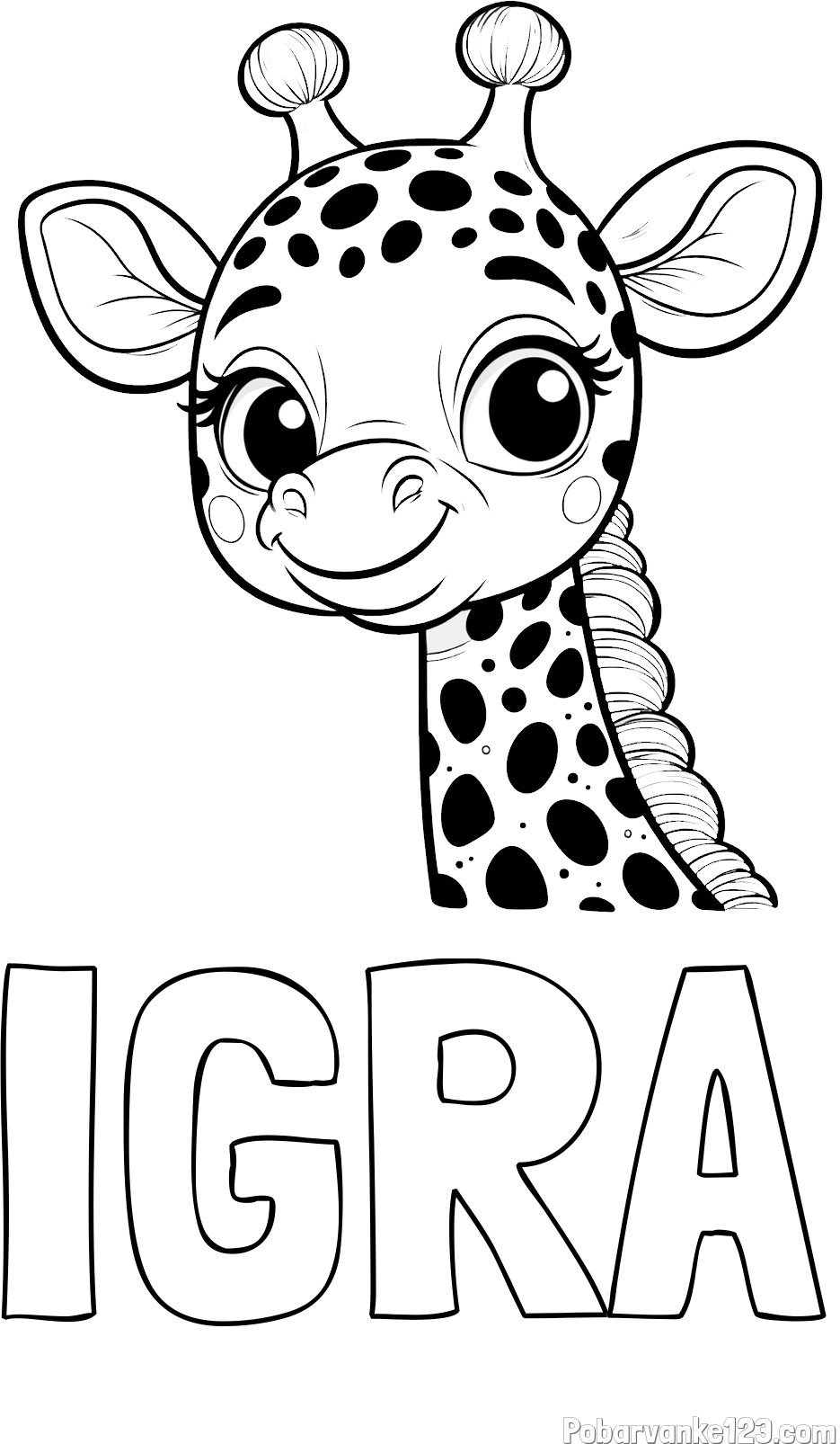 Pobarvanka imena IGRA in pobarvanka ljubke žirafe z velikimi očmi