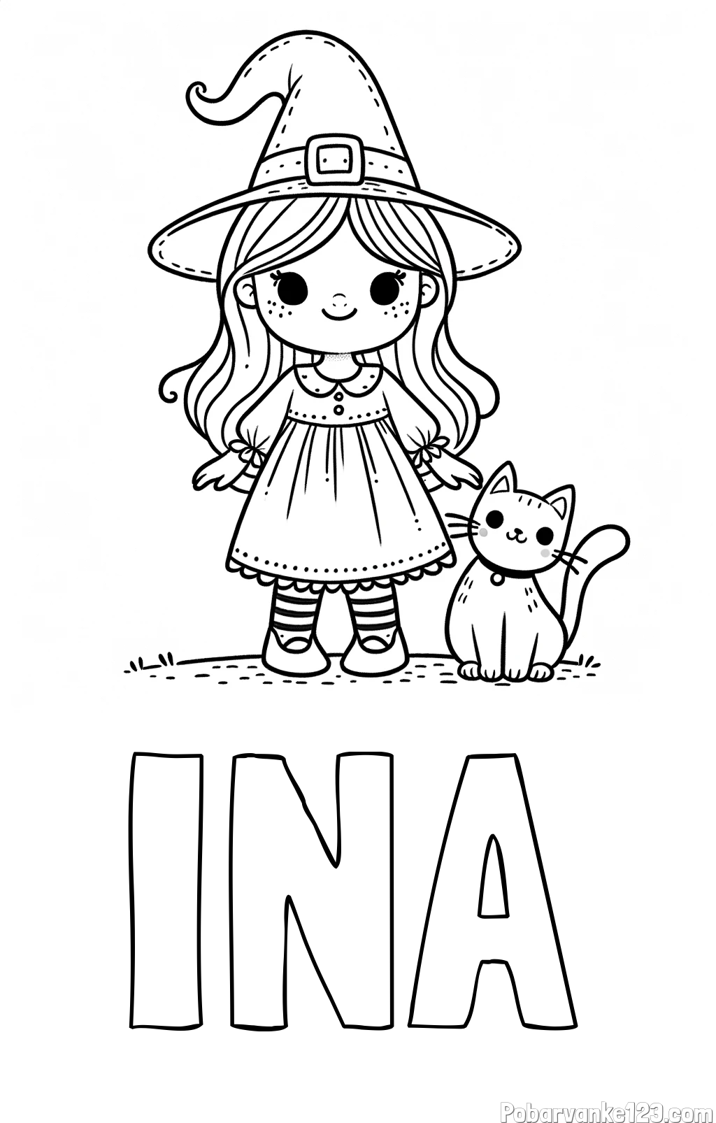 Pobarvanka imena INA in Čudovita pobarvanka ljubke čarovnice in nasmejane mačke