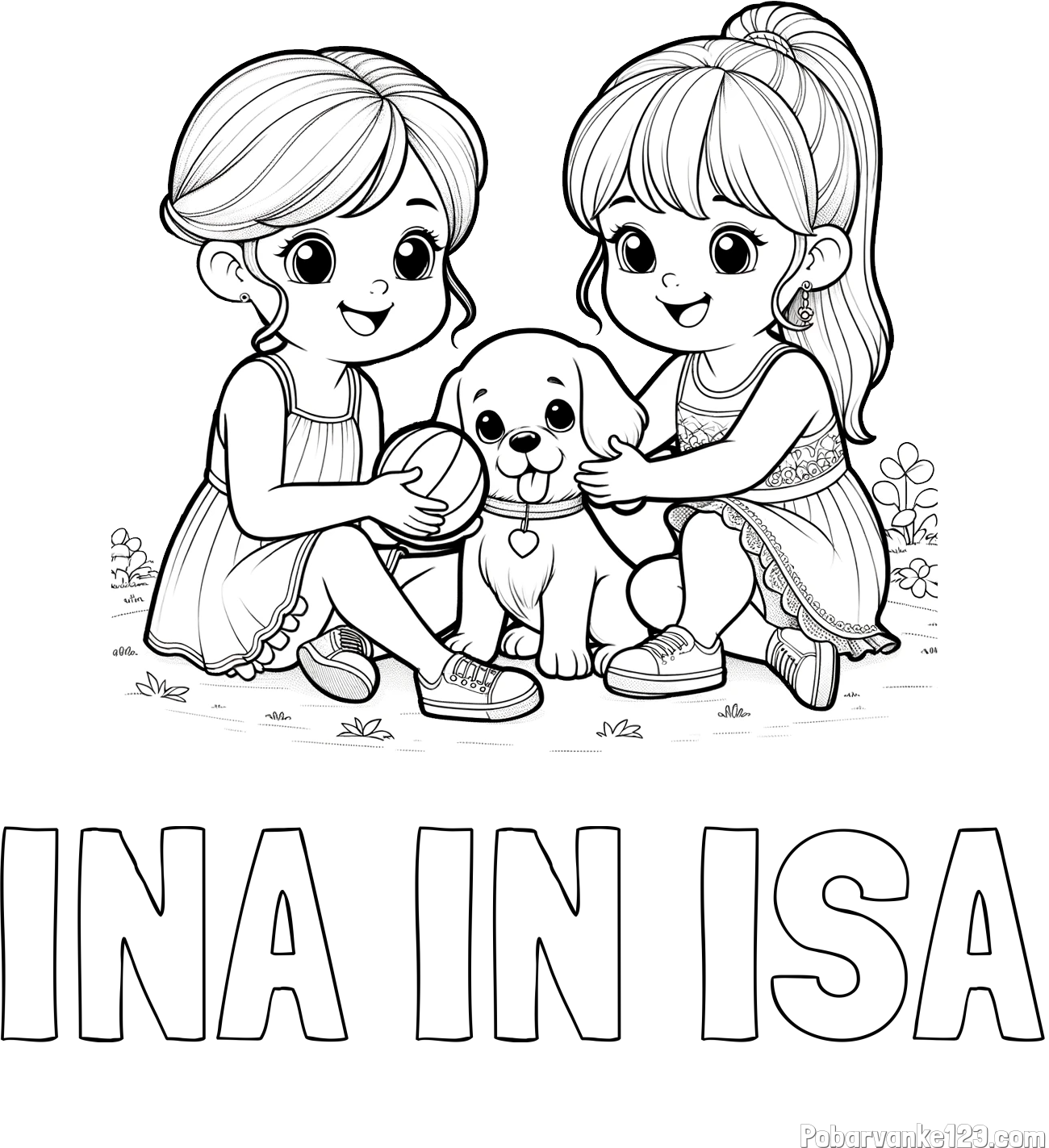 Pobarvanka imena INA IN ISA in pobarvanka prijateljic s kužkom