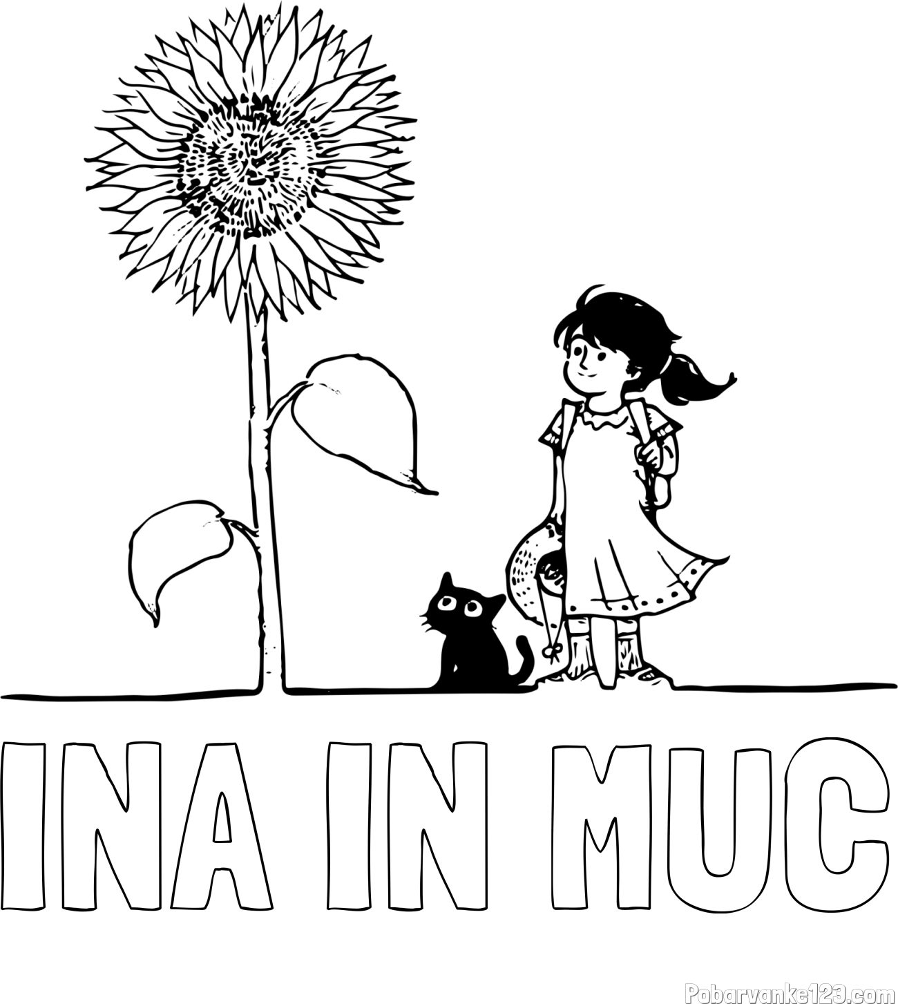 Pobarvanka imena INA IN MUC in pobarvanka velike sončnice, deklice in ljubkega mačka