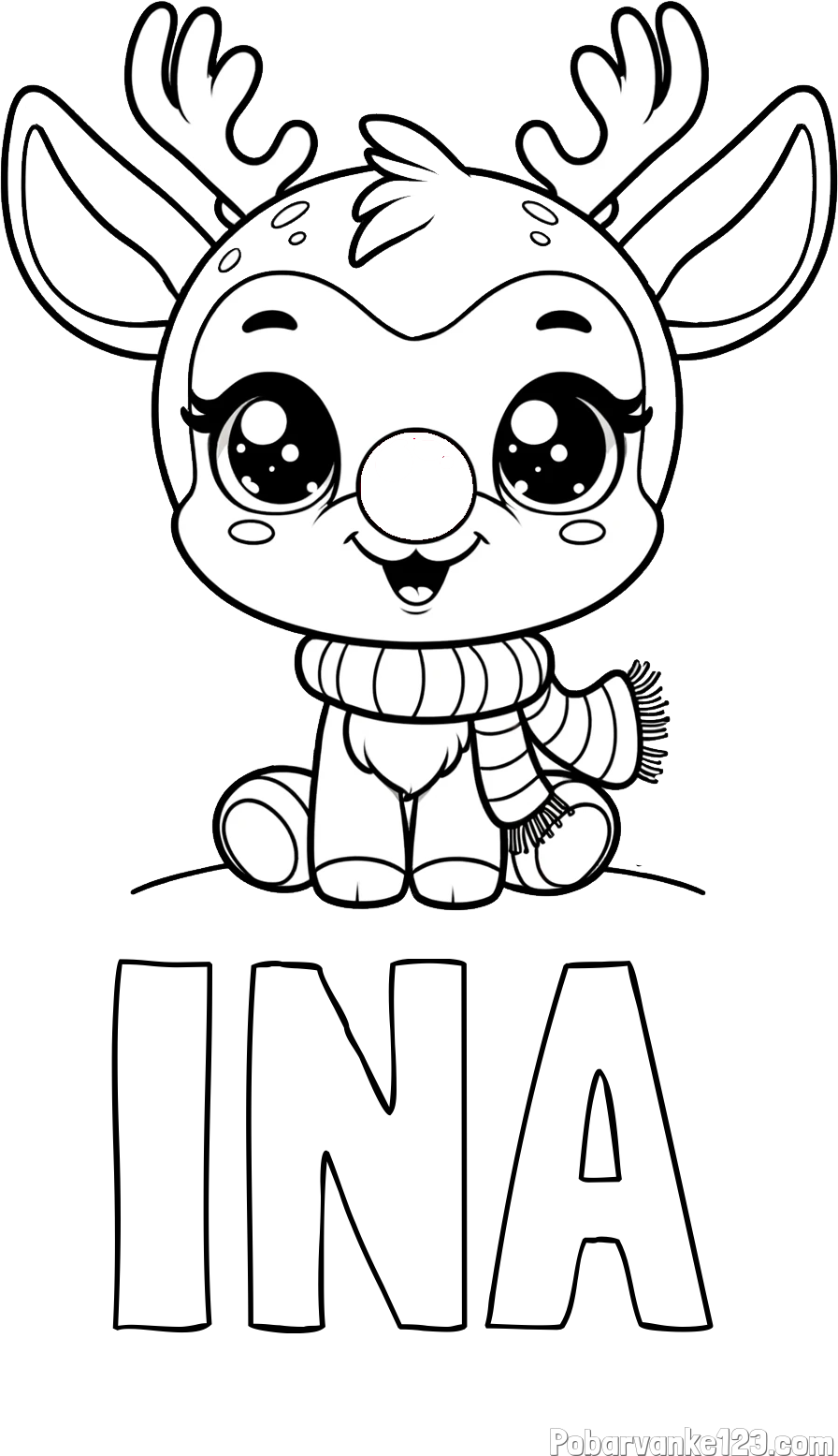 Pobarvanka imena INA in otroška pobarvanka jelenčka Rudolfa s šalom okoli vratu