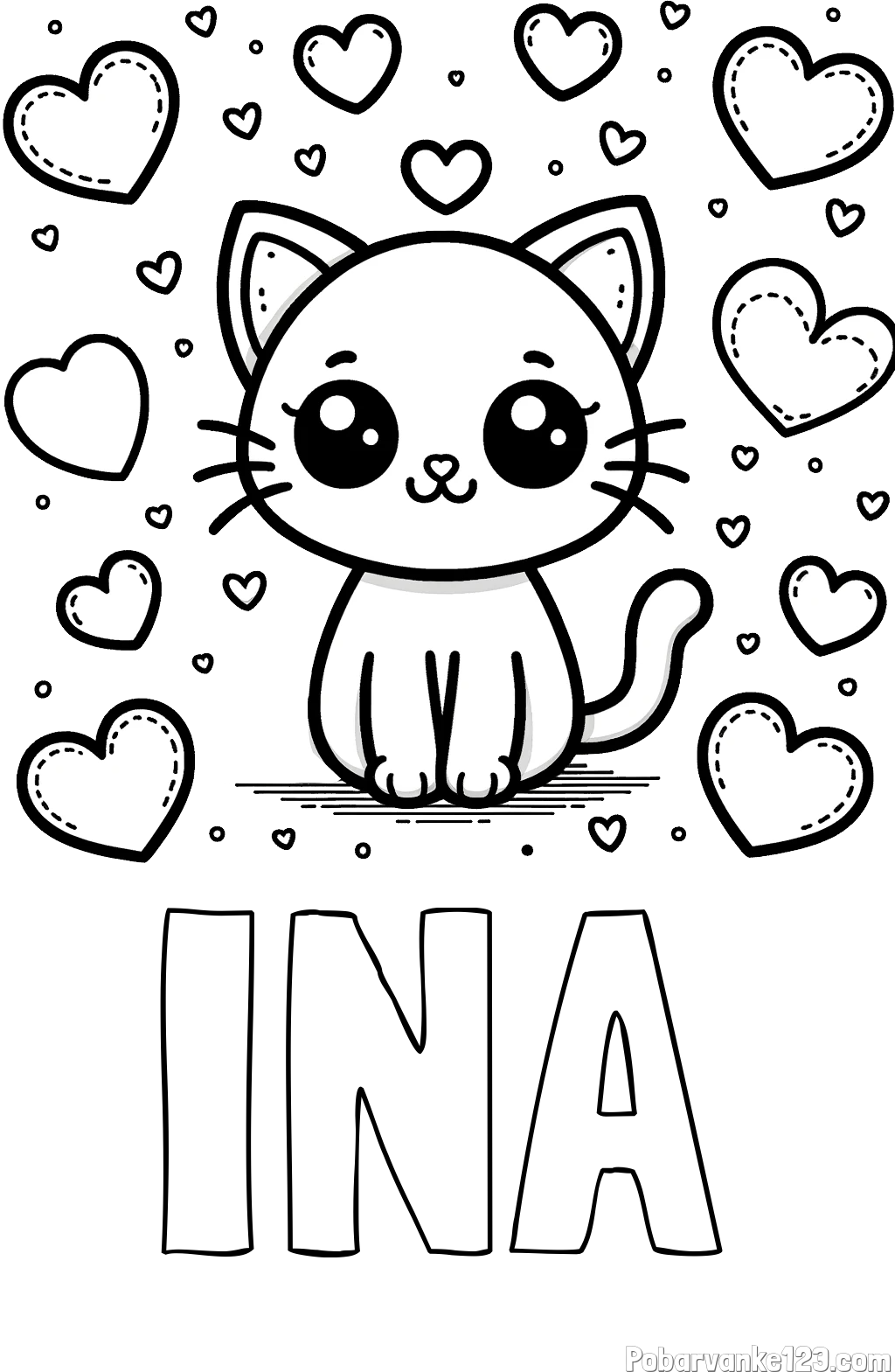 Pobarvanka imena INA in pobarvanka ljubke mucke obdane z veliko srčki
